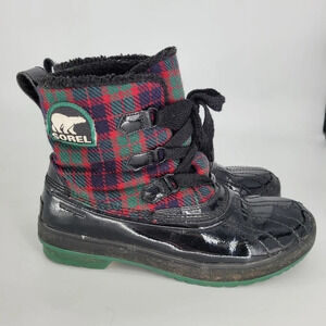 Sorel Tivoli black bumper red greed plaid rubber waterproof booties 10
